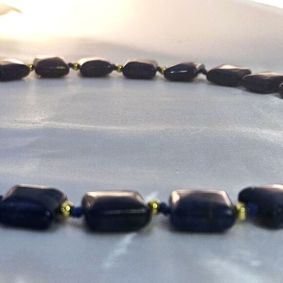 Natural Deep Blue Lapis Lazuli 12mm Flat Square Triple Strand Necklace 14K Gold - Picture 6 of 9